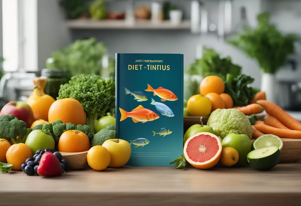 A table with colorful fruits, vegetables, and fish. A book titled "Anti-Inflammatory Diet for Tinnitus" next to a calming background