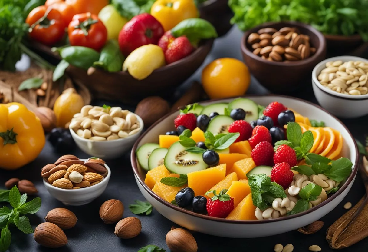 A table filled with colorful fruits, vegetables, and nuts, surrounded by a variety of herbs and spices. An open cookbook displaying anti-inflammatory recipes sits nearby