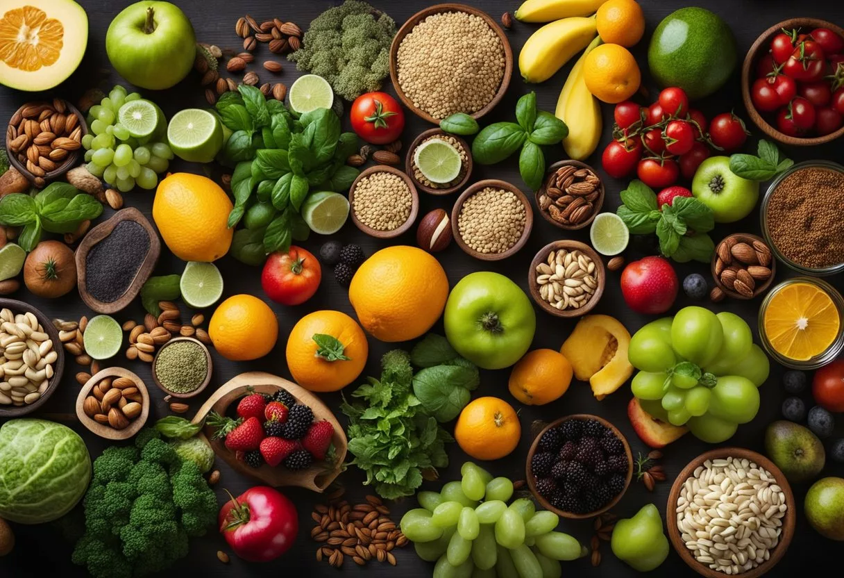 A colorful array of fruits, vegetables, nuts, and seeds arranged on a table, with a variety of herbs and spices in the background