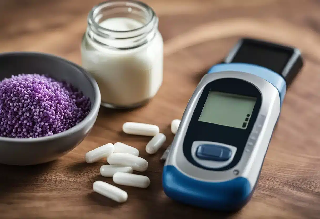 A bottle of milk thistle supplement sits on a table next to a blood sugar monitor and a diabetes medication