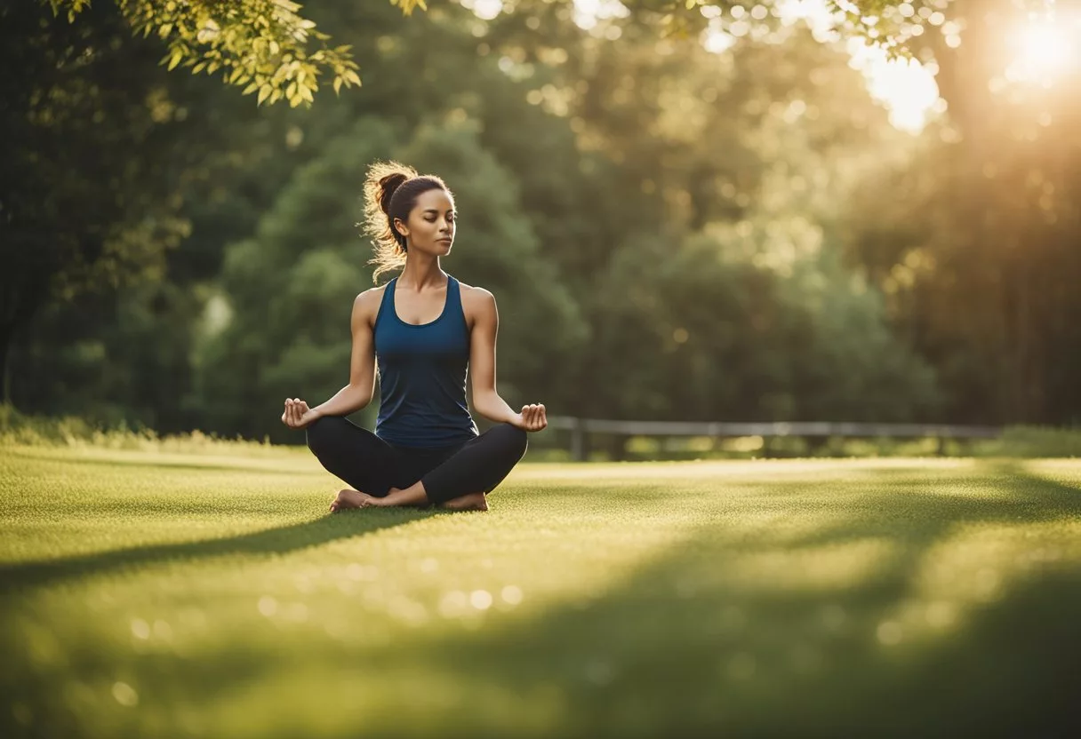 A person doing yoga or jogging in a serene outdoor setting, surrounded by nature and feeling a sense of calm and relaxation