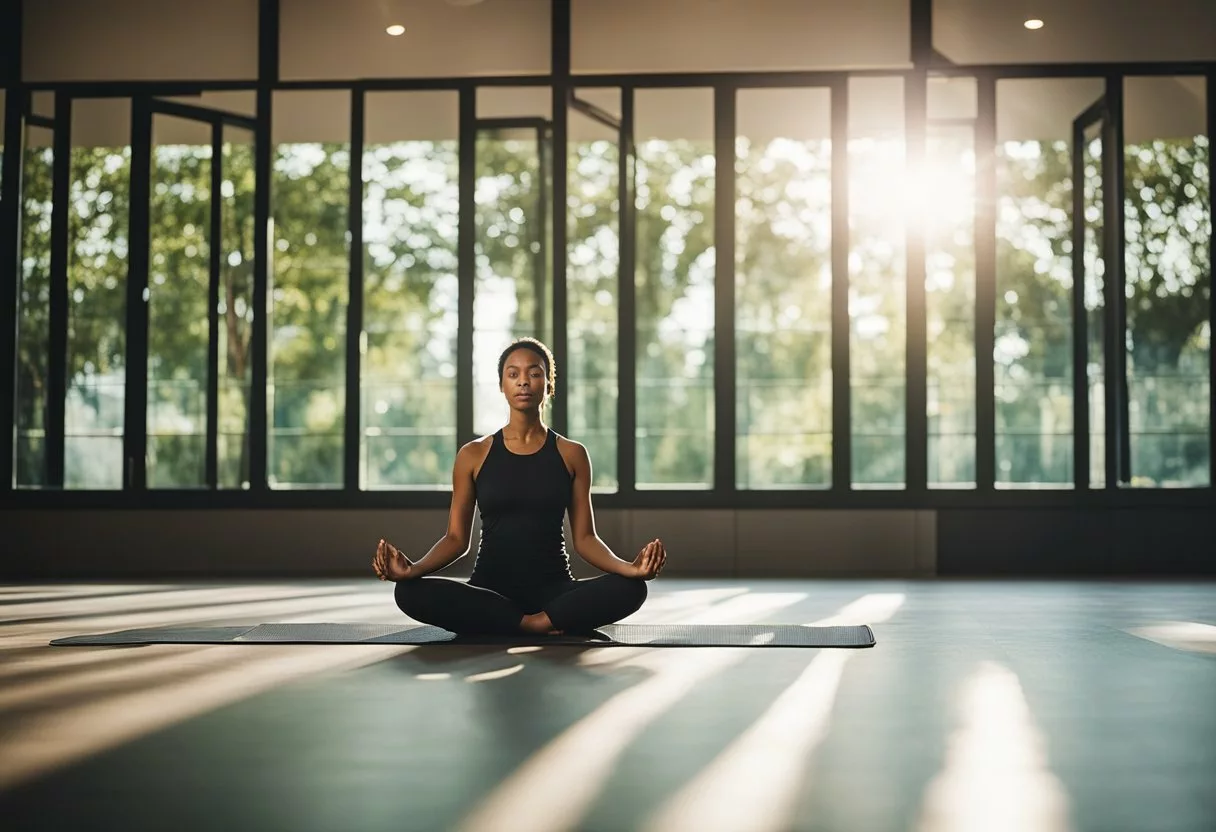 A person doing yoga or meditation in a quiet, peaceful setting. A gym with people exercising. Outdoor activities like walking or swimming