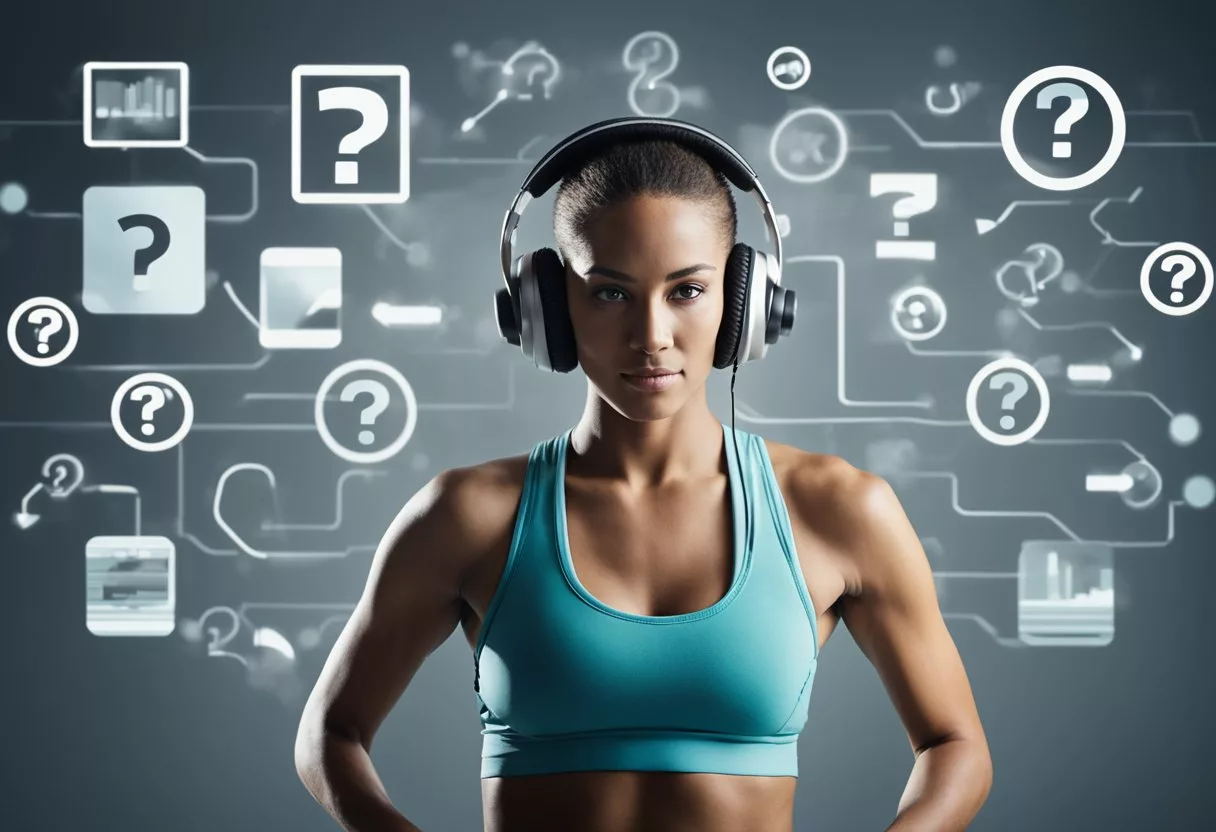 A person exercising with headphones, surrounded by question marks and a list of workout options