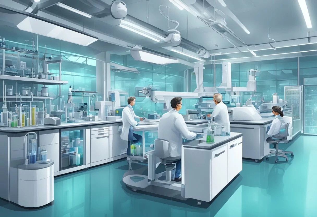 A laboratory with advanced medical equipment and futuristic technology, showcasing the latest breakthroughs in longevity research