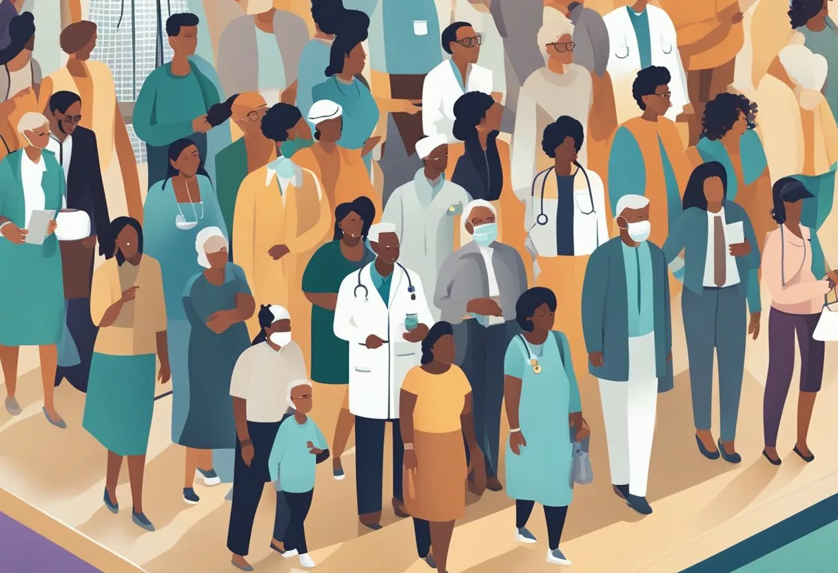 A diverse group of people in different environments, some with access to healthcare and resources, others lacking, highlighting disparities in longevity