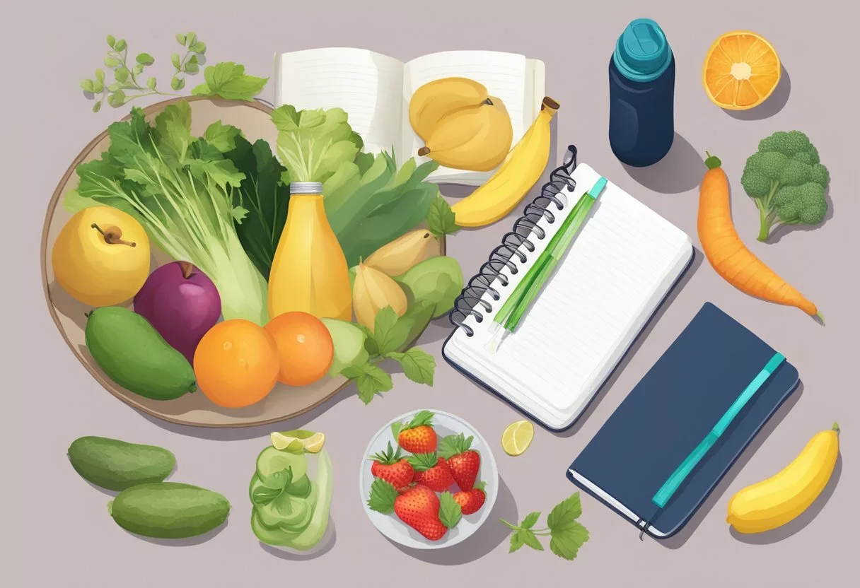 A table with a variety of healthy foods, a water bottle, a yoga mat, and a journal with daily habits written on it