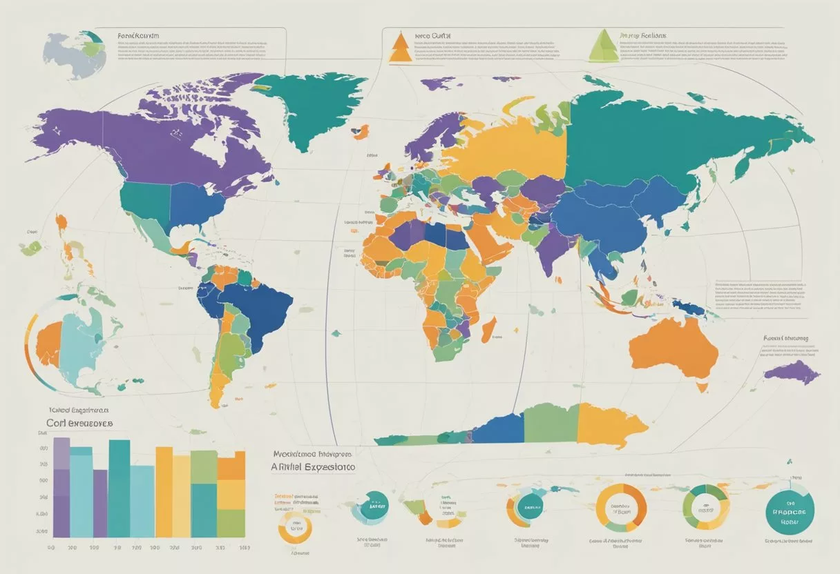 A world map with color-coded regions showing varying life expectancies. Graphs and charts display trends in longevity over time