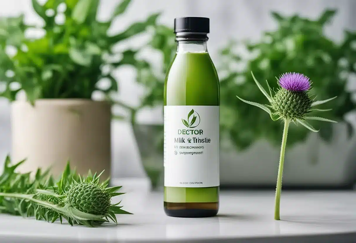 A bottle of liver health and detoxification milk thistle supplement sits on a clean, white countertop, surrounded by fresh green herbs and a glass of water