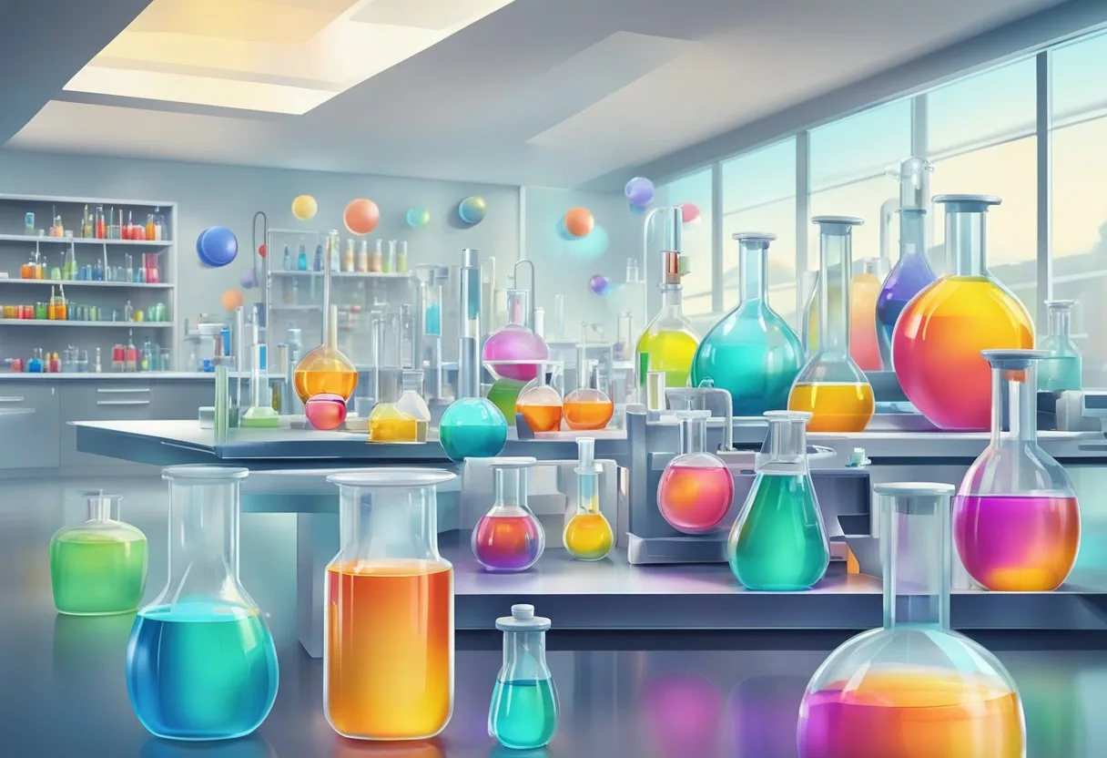 A laboratory setting with futuristic equipment and vials of colorful liquids, representing cutting-edge longevity interventions and treatments