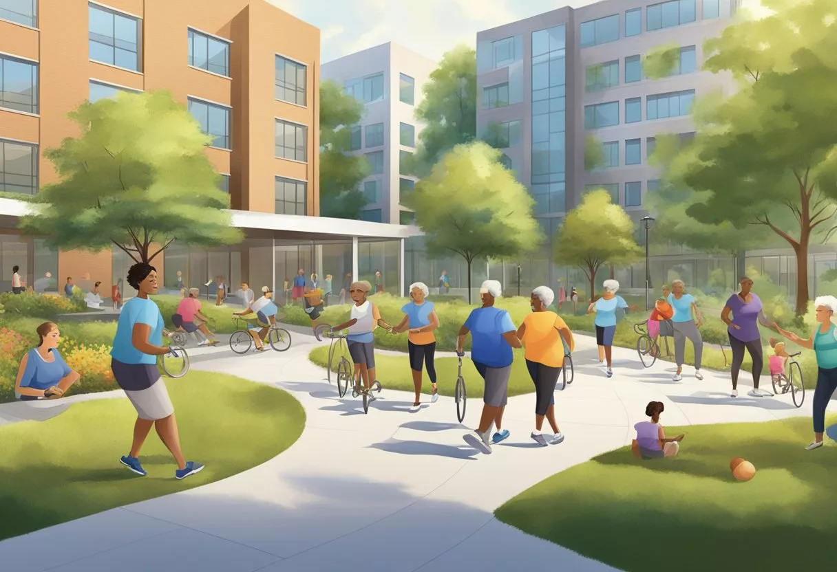 A group of diverse individuals engage in activities that promote healthy aging, such as exercise, socializing, and healthy eating. The scene is set in a modern urban environment with green spaces and community centers