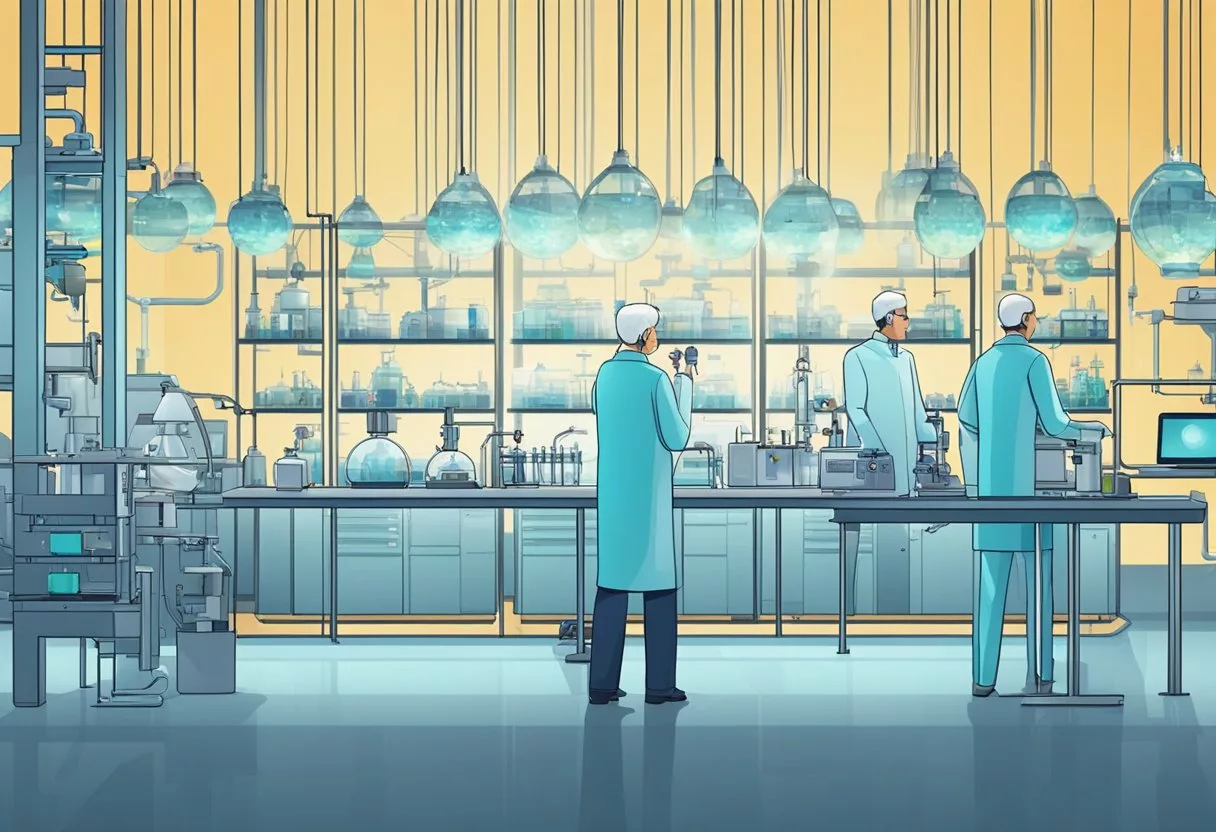 A laboratory filled with advanced equipment and futuristic technology, with scientists analyzing data and conducting experiments on aging research