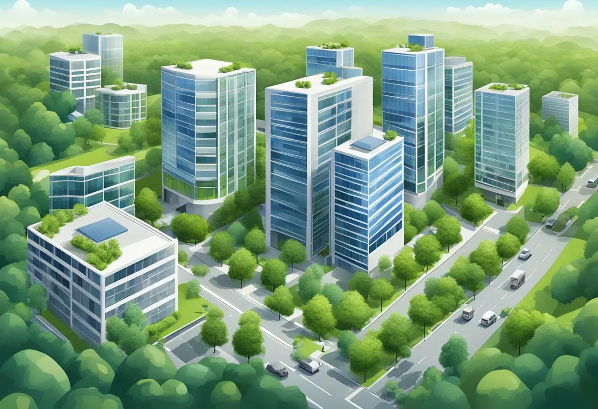 A group of office buildings with modern architecture, surrounded by greenery and bustling with activity, symbolizing longevity in the private sector