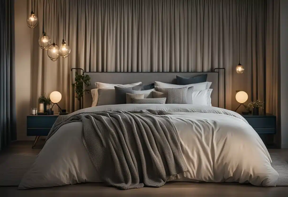 A cozy bedroom with dim lighting, a comfortable bed with soft, clean linens, and a calming color scheme. A diffuser emits a soothing scent, and blackout curtains block out any excess light