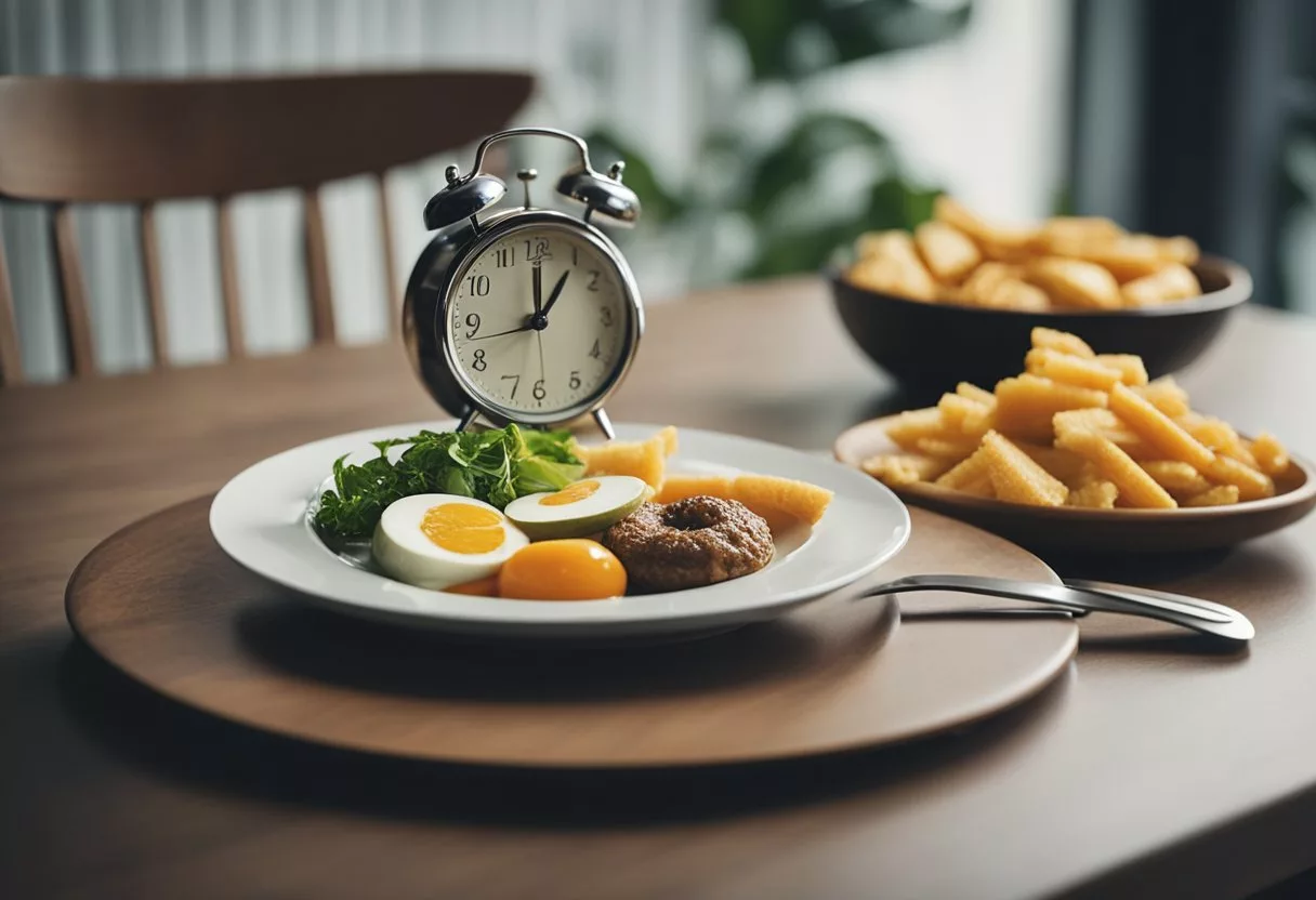 A table with a plate of food on one side and a smaller plate with less food on the other. A clock in the background showing the passing of time