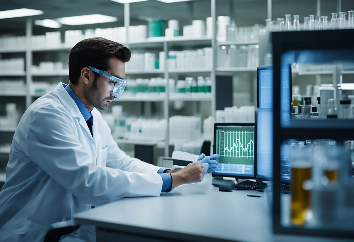 A laboratory setting with test tubes, beakers, and scientific equipment. A researcher is analyzing data on a computer screen, surrounded by shelves of research papers and clinical evidence