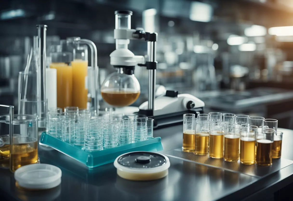 A laboratory setting with test tubes, petri dishes, and scientific equipment. A scale measuring food portions and a graph showing lifespan data