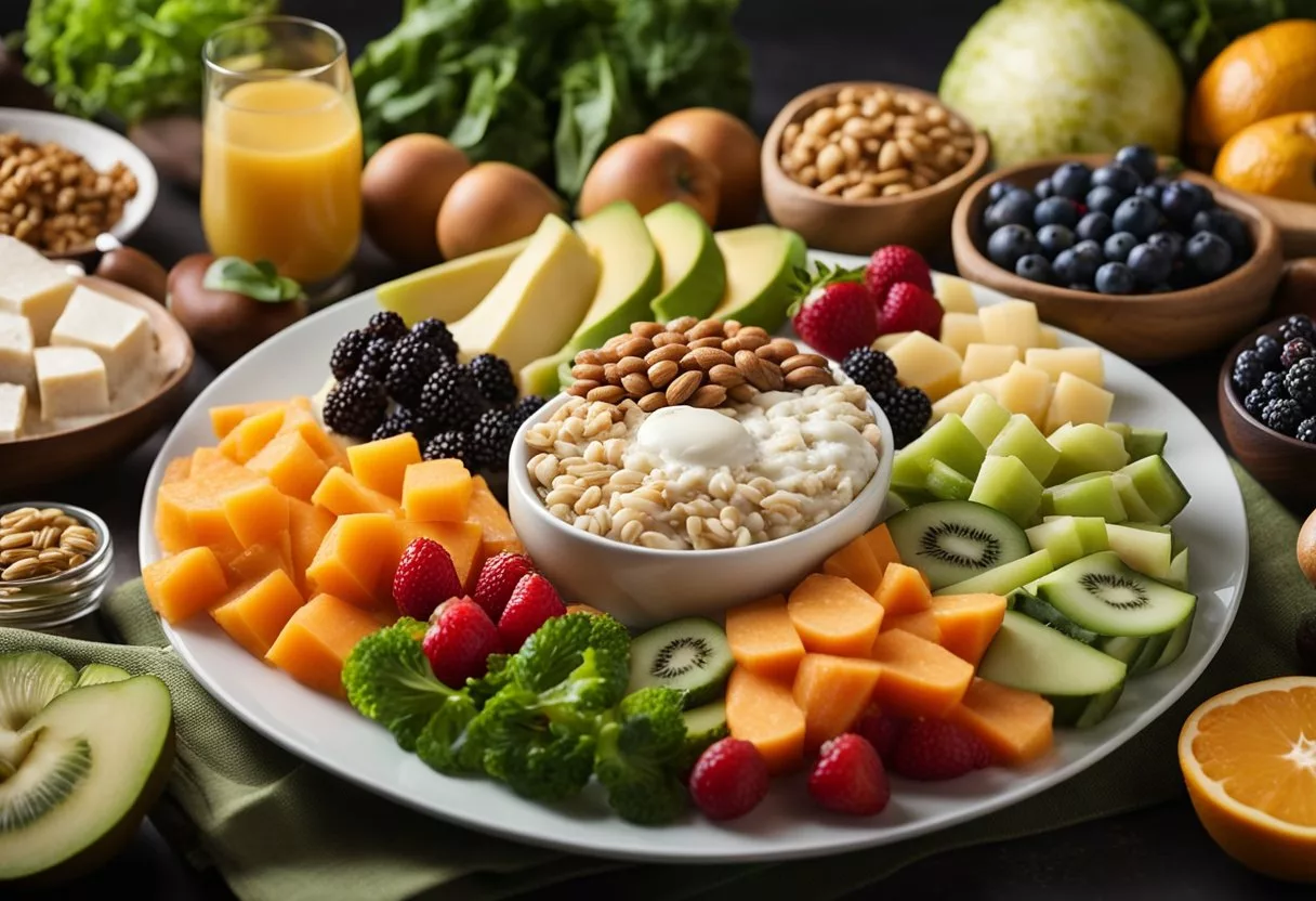 A balanced plate with a variety of food groups, including fruits, vegetables, whole grains, lean proteins, and healthy fats