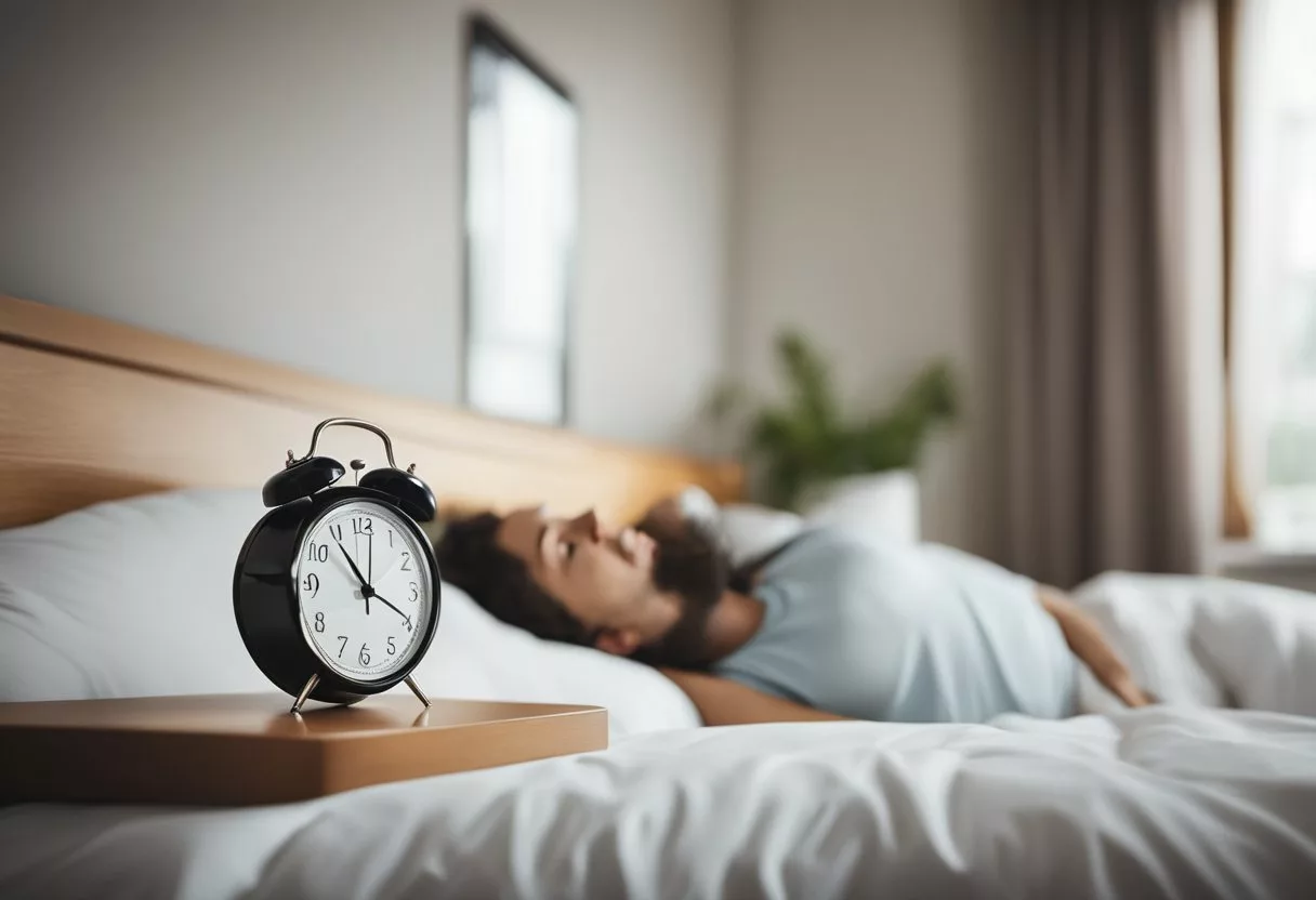 A bright room with a clock showing daytime. A person lying in bed, eyes closed, trying to nap. Noisy surroundings