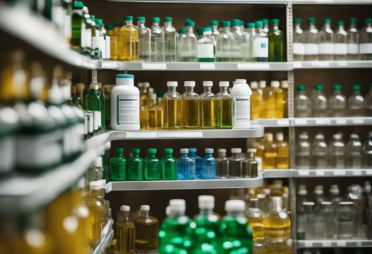 A figure surrounded by bottles of magnesium, showing symptoms of overdose - nausea, diarrhea, low blood pressure, and irregular heartbeat