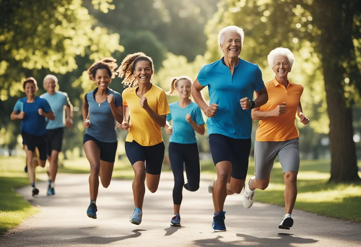 A group of people of various ages engaging in physical activities outdoors, such as walking, jogging, or playing sports, with a vibrant and energetic atmosphere