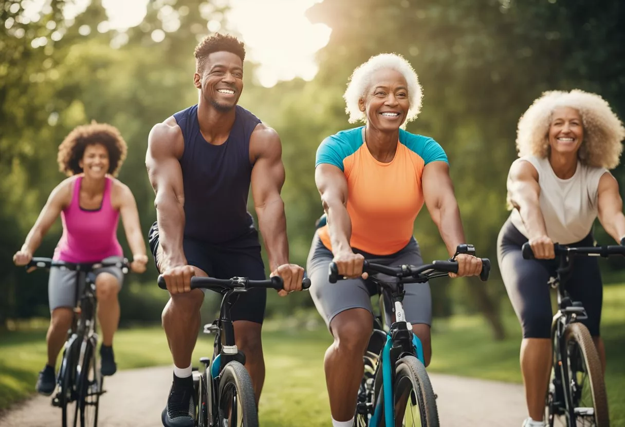 A diverse group of people of different ages and abilities engaging in various physical activities, such as jogging, cycling, yoga, and weightlifting, in a vibrant and lively outdoor setting