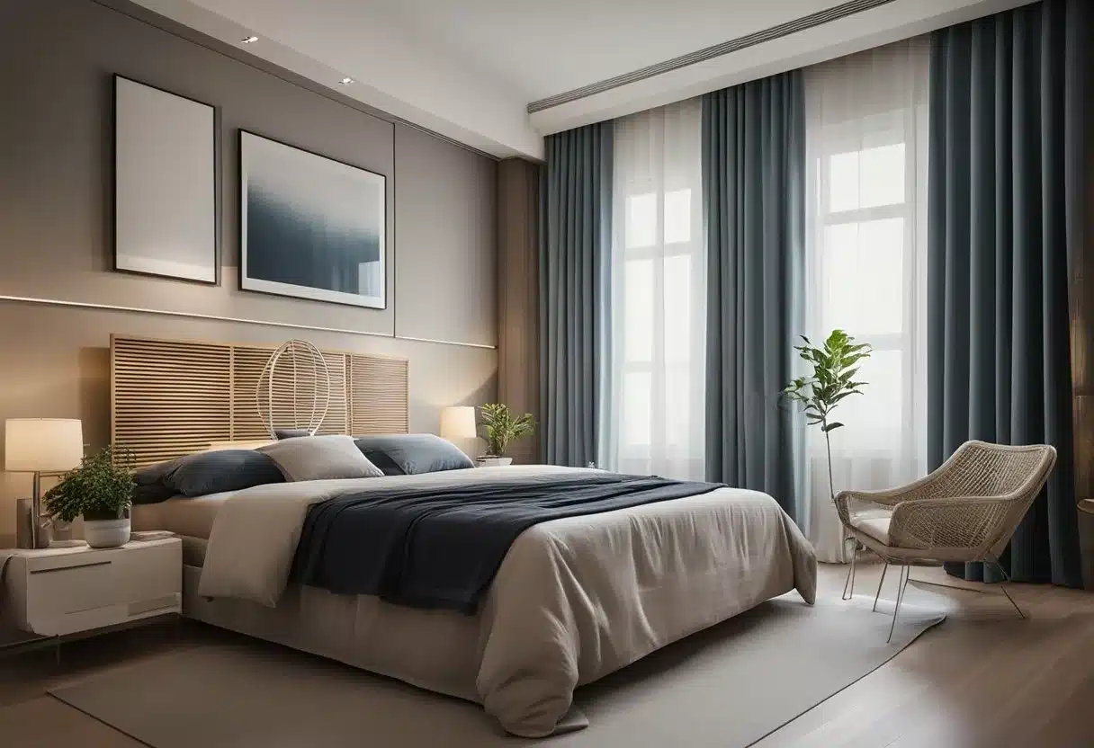 A bedroom with a fan or air conditioning, a comfortable bed, and dim lighting. A window with curtains drawn to block out excess light