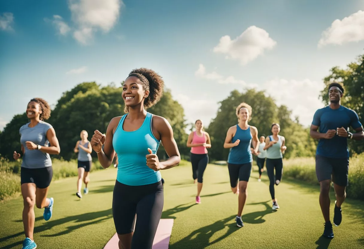 A group of diverse people engage in various physical activities outdoors, such as running, cycling, and yoga, surrounded by lush greenery and blue skies