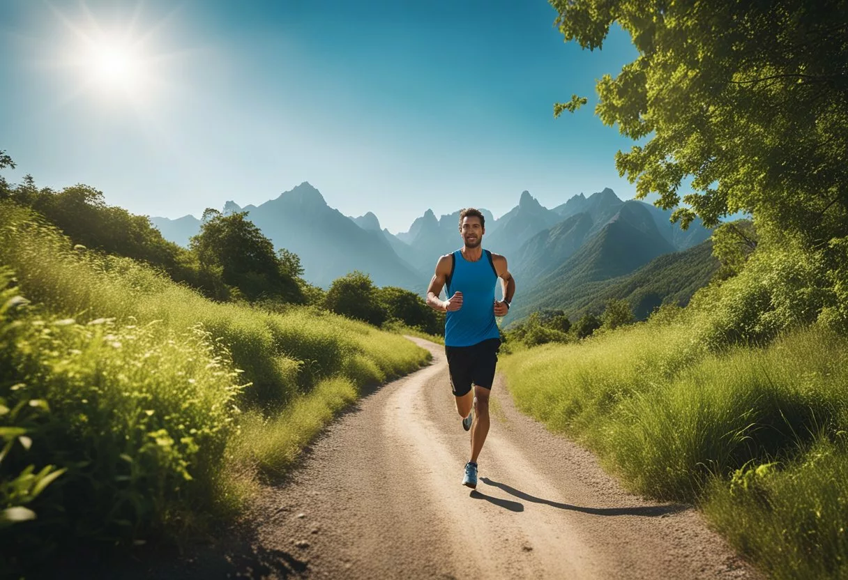 A person jogging along a scenic trail with mountains in the background, surrounded by lush greenery and a clear blue sky