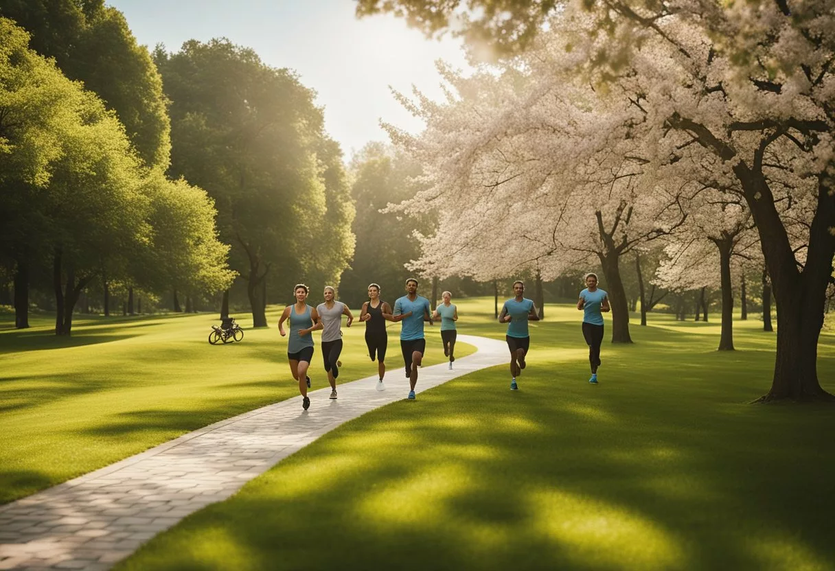 A sunny park with a winding jogging path, surrounded by lush green trees and blooming flowers. A diverse group of people are seen running, biking, and doing yoga