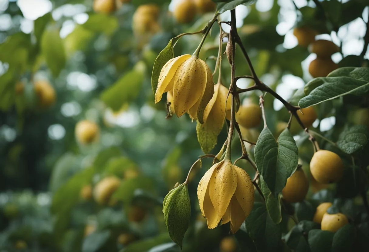 A wilting plant with drooping leaves and yellowing edges, surrounded by withered fruits and flowers