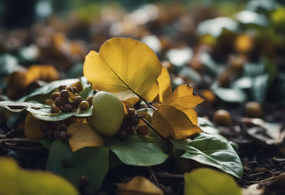 A wilted plant with drooping leaves and yellowing stems, surrounded by a pile of fallen fruit