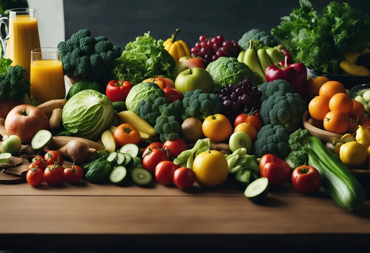 A table with various fruits and vegetables, some with low potassium levels, and a person looking fatigued and weak