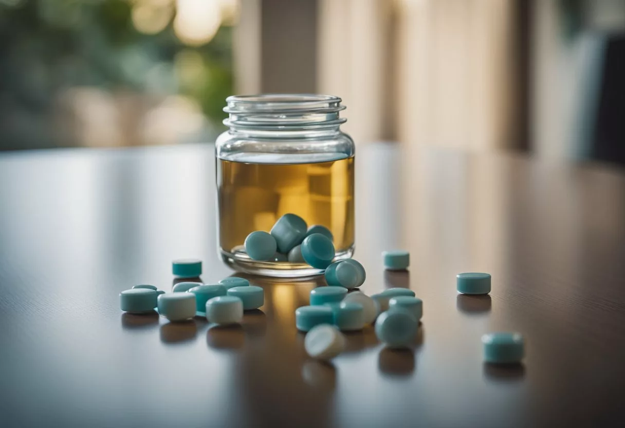 A pile of laxative pills spills out of an overturned bottle, scattered across a table. A glass of water sits nearby, half-empty