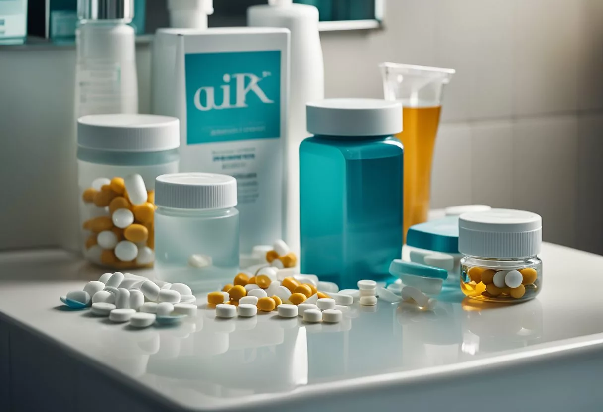 A cluttered bathroom counter with multiple empty laxative boxes, scattered pills, and a glass of water