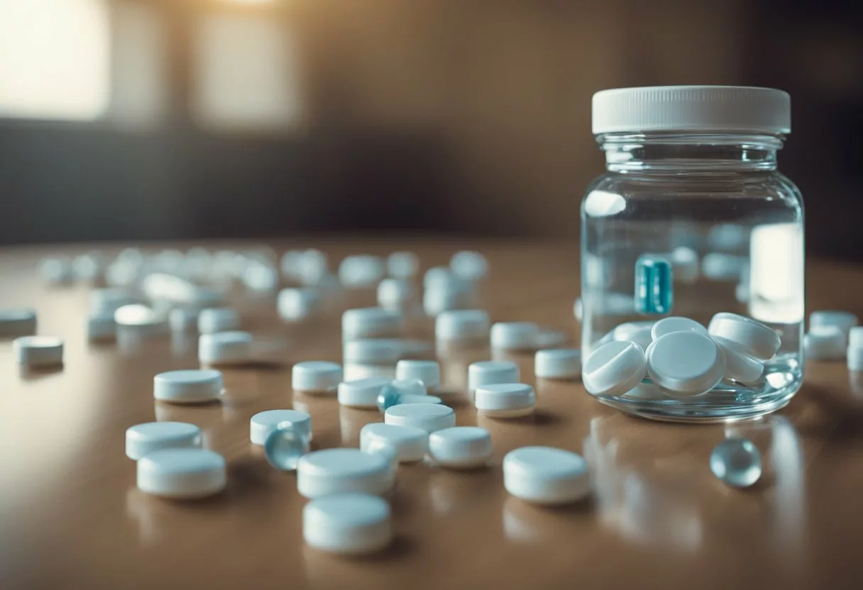 A pile of laxative pills spills out of a bottle, scattered across a table. A glass of water sits nearby, indicating the potential for overdose