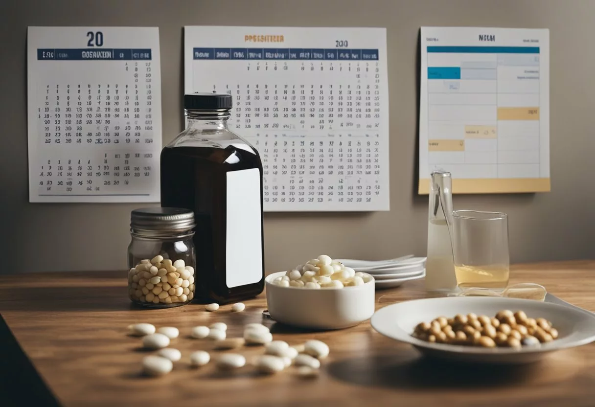 A cluttered kitchen counter with an overflowing pill bottle, a glass of water, and a plate of uneaten food. A calendar on the wall shows a date crossed out