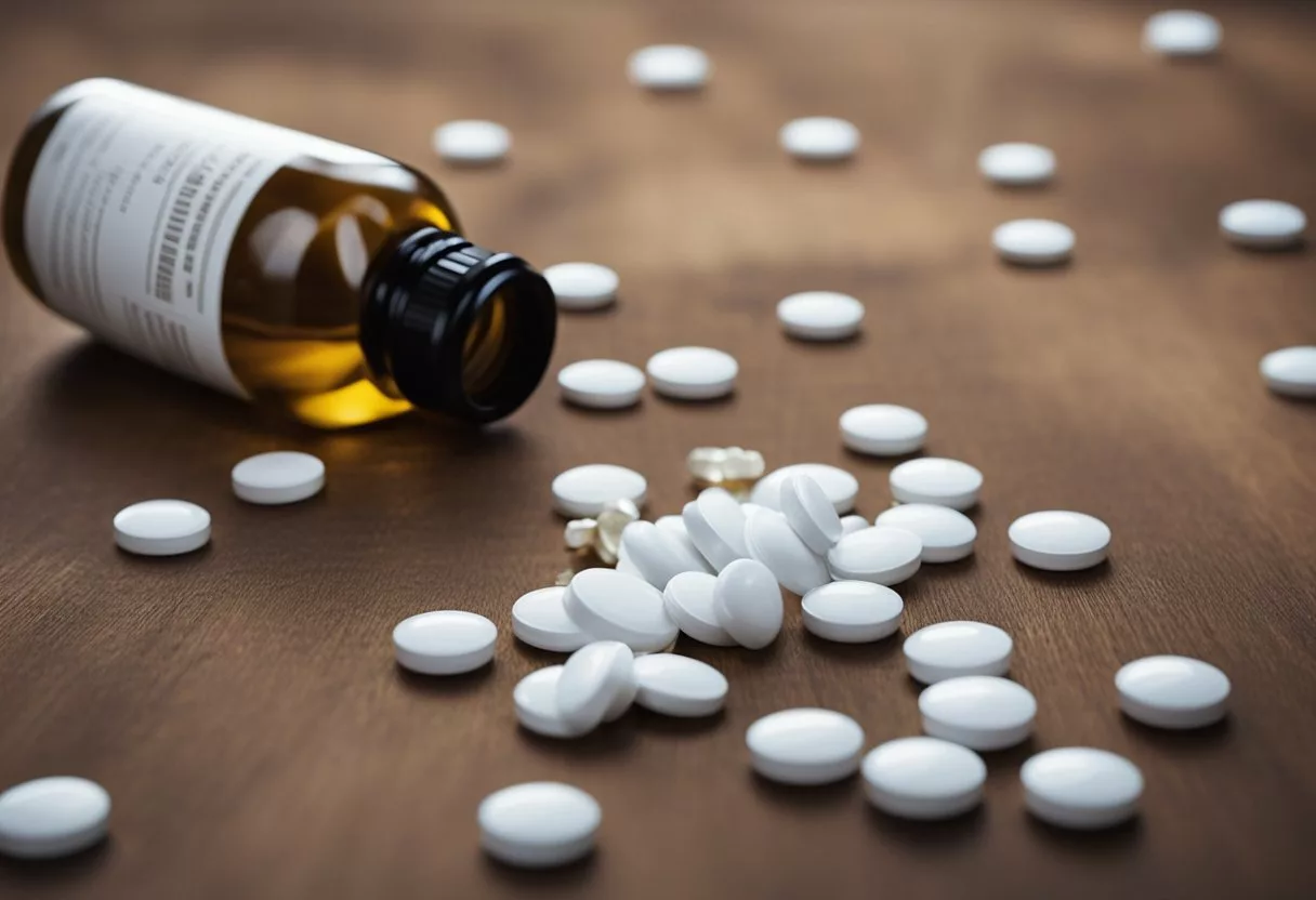 A pile of laxative pills spilling out of an overturned bottle, scattered across a table. A glass of water sits nearby, with a sense of excess and potential danger