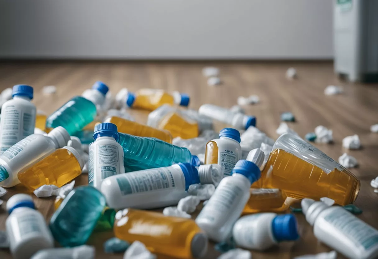 A pile of laxative bottles spills onto the floor, surrounded by crumpled packaging. A person lies in bed, clutching their stomach in discomfort