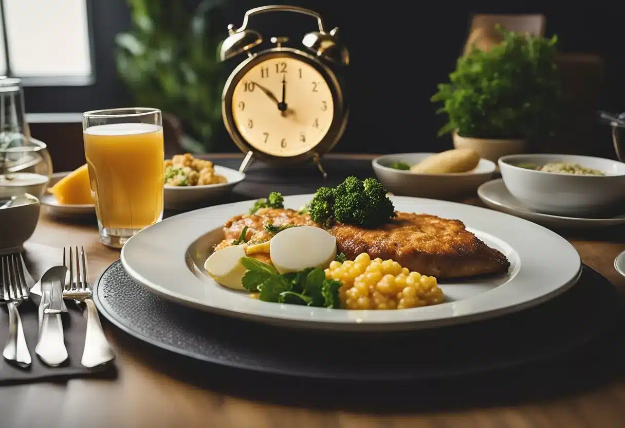 A table set with a large meal next to a clock showing bedtime