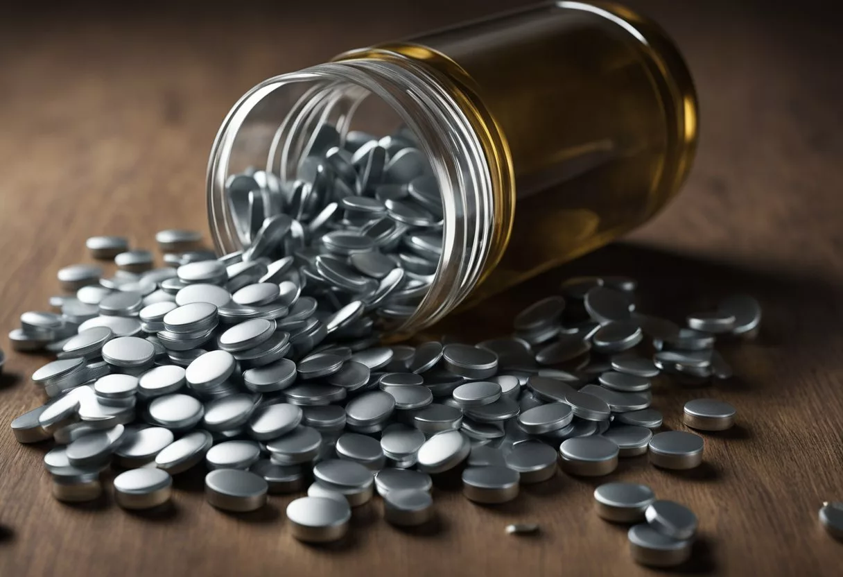 A pile of zinc supplements spills out of a bottle, overflowing onto a table. A looming shadow suggests an ominous and overwhelming presence