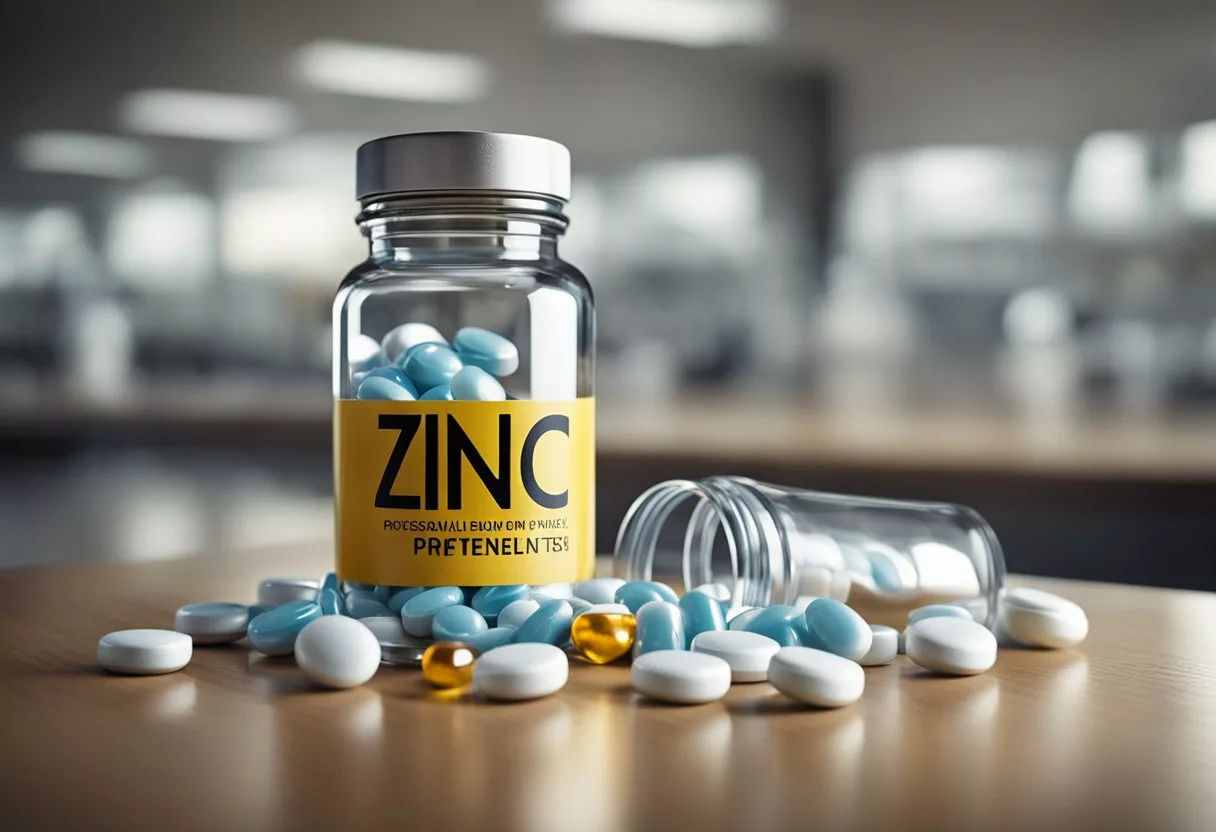 A bottle of zinc supplements spilled, with excess pills scattered on a table. A warning sign and a glass of water nearby