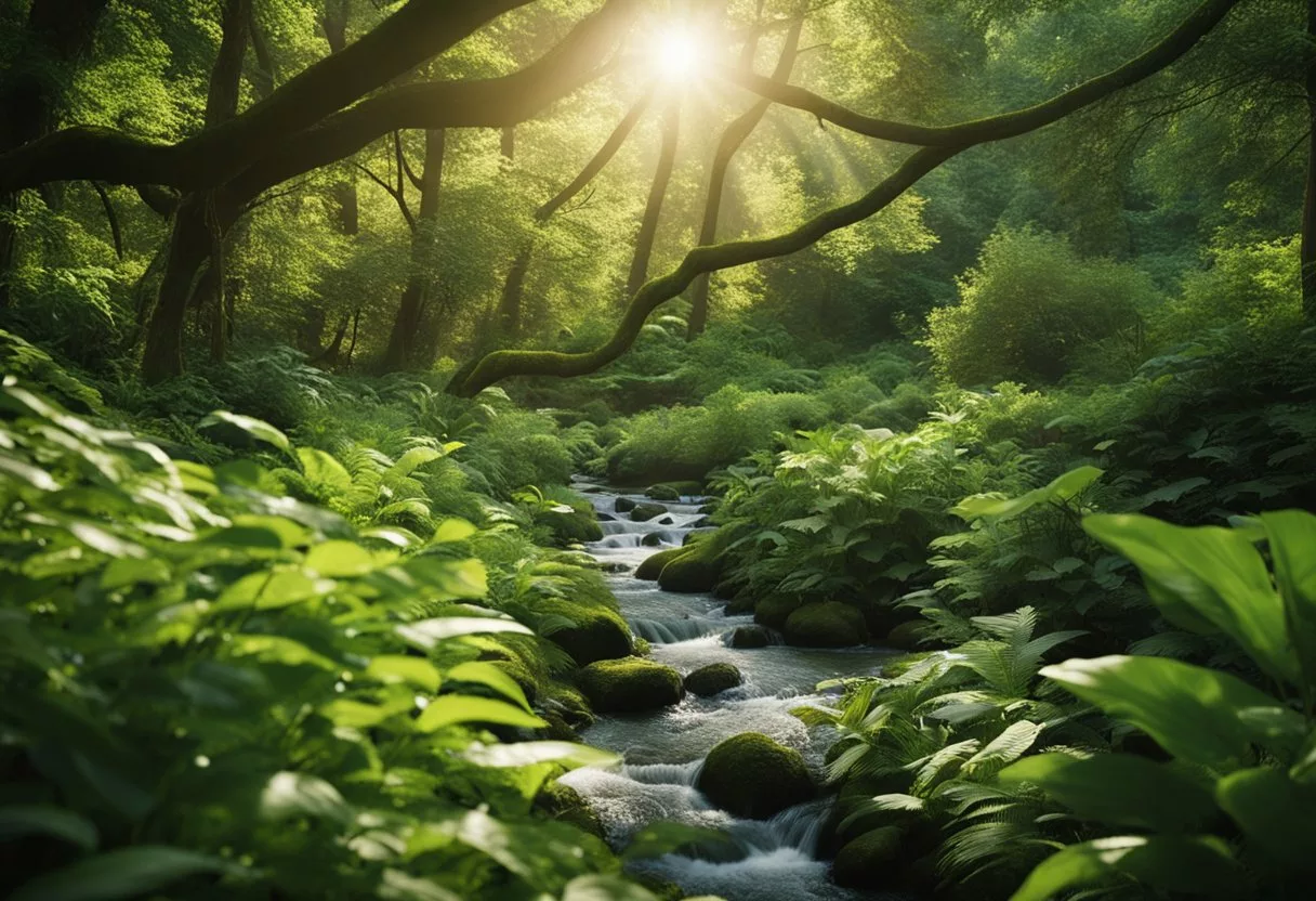 A lush forest with a stream running through it, surrounded by various plants and wildlife. The sun is shining, and the environment appears vibrant and healthy