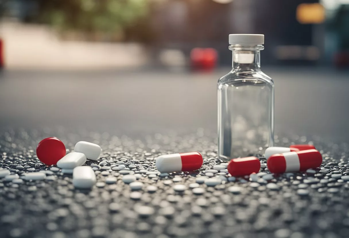 A bottle of pills spills onto the floor, with a hand reaching out to grab them. A red stop sign is visible in the background