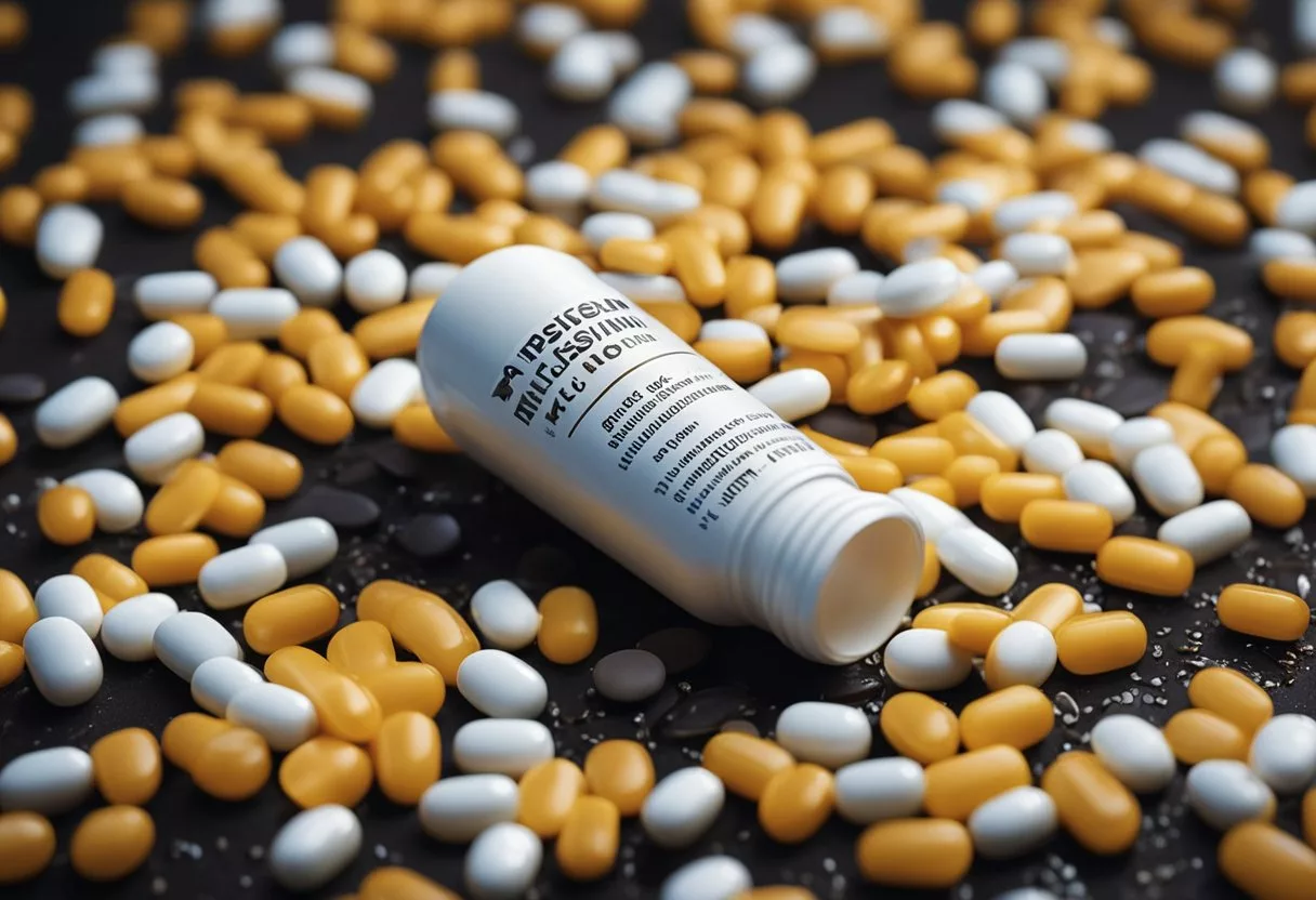 A bottle of antibiotics overflowing, spilling pills onto the ground as a warning sign flashes in the background