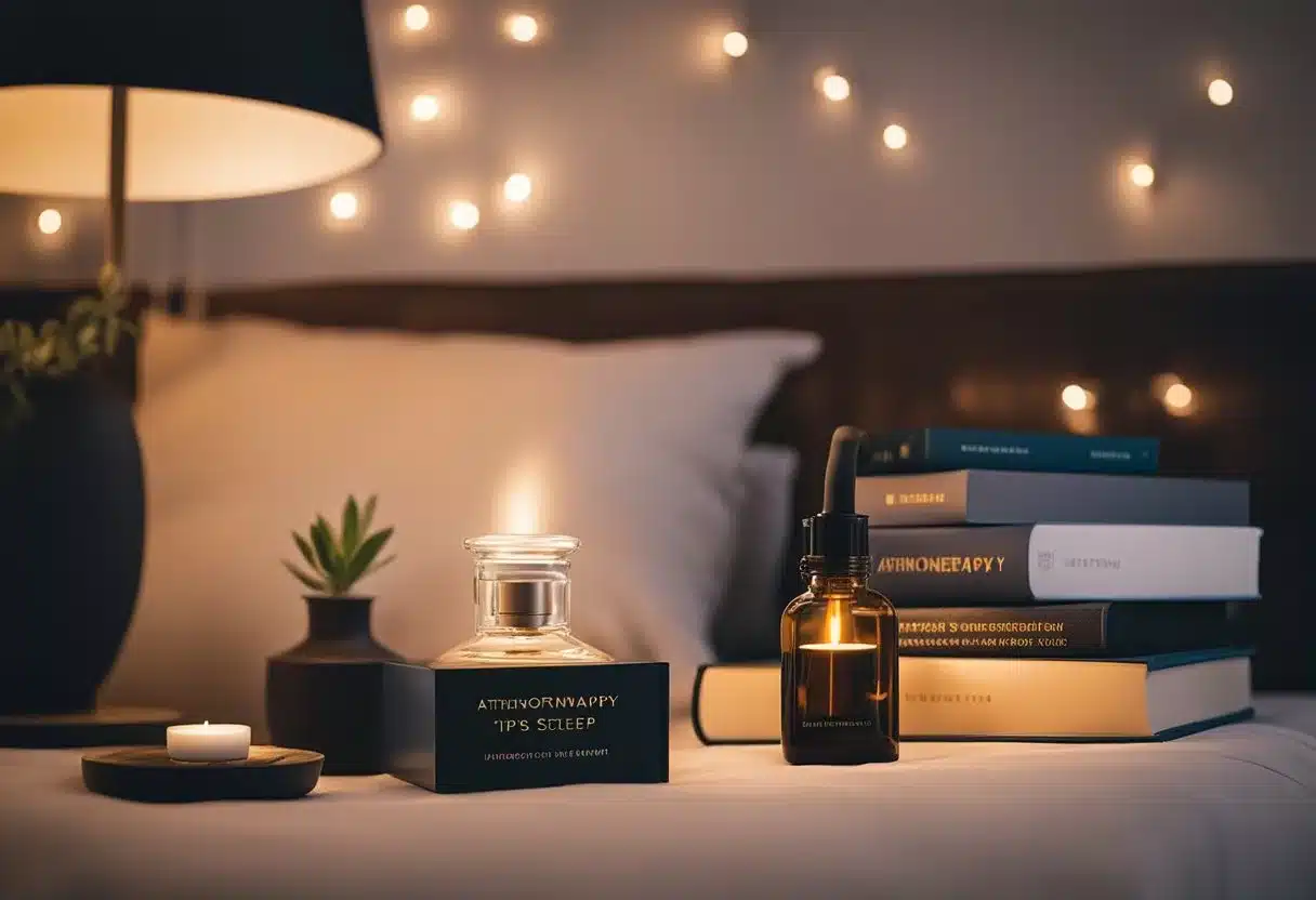 A cozy bedroom with dim lighting, a diffuser emitting soothing scents, and a book titled "Aromatherapy 20 Tips for Better Sleep" on a nightstand