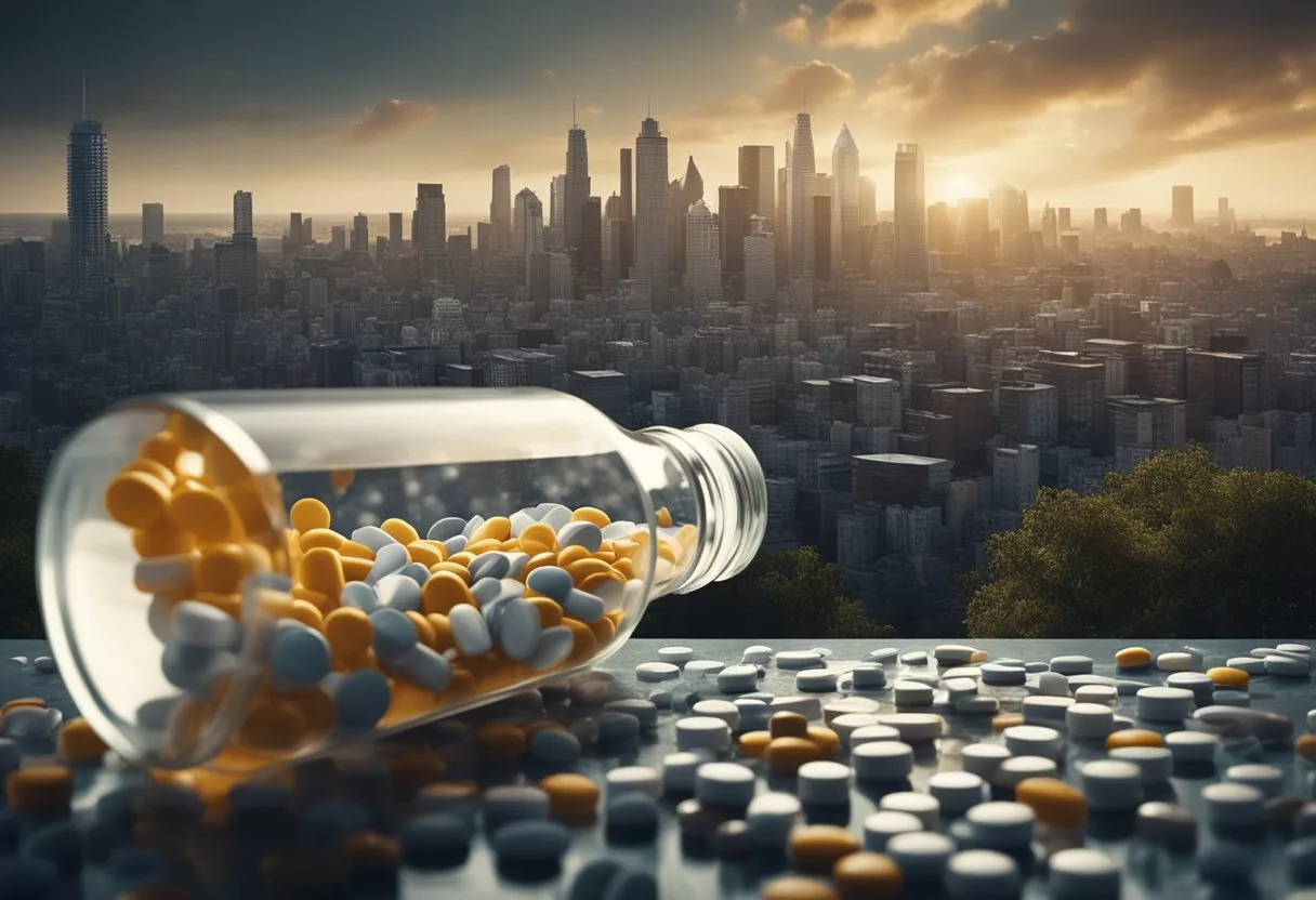 A bottle of antibiotics spills, flooding a city with pill-shaped buildings. People flee as the cityscape morphs into a chaotic, dystopian landscape