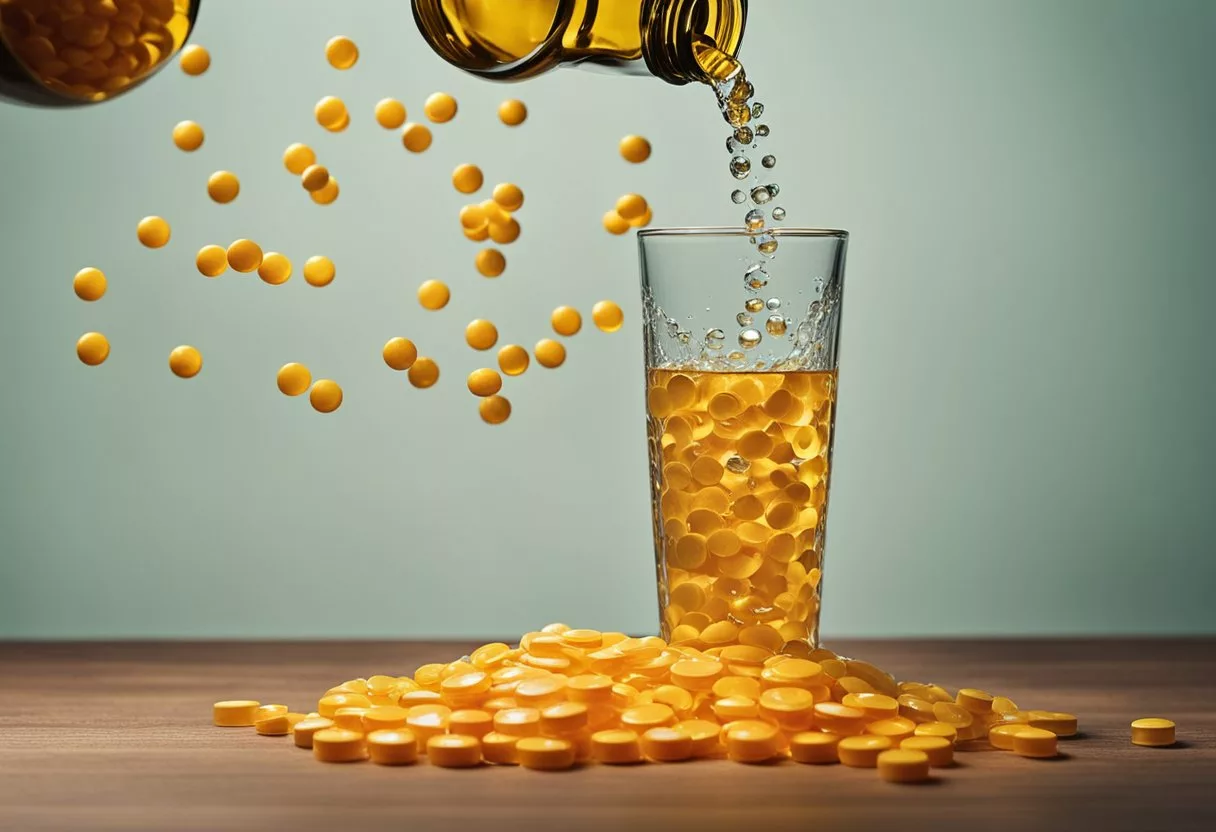 A pile of oversized vitamin C tablets spills out of a bottle, surrounded by empty water glasses