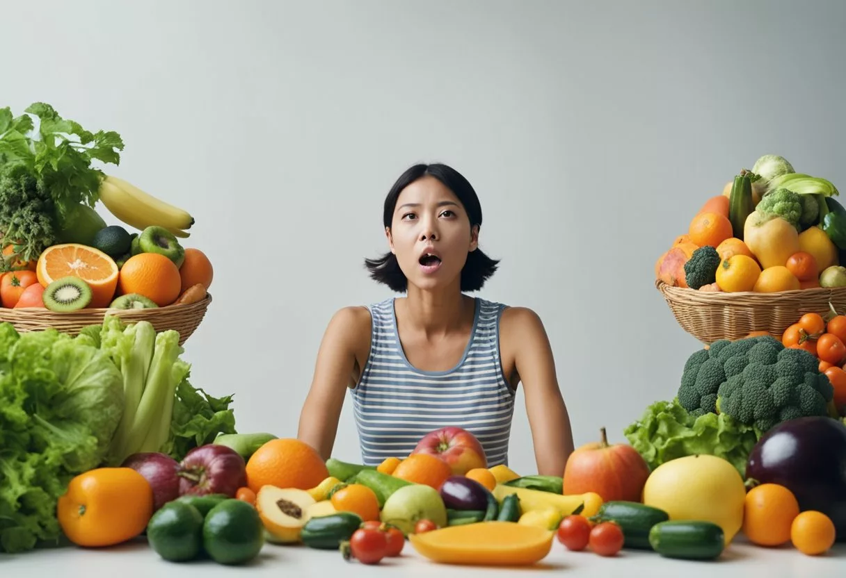 A person surrounded by various fruits and vegetables, with an oversized vitamin C pill looming ominously overhead. The person appears overwhelmed and confused