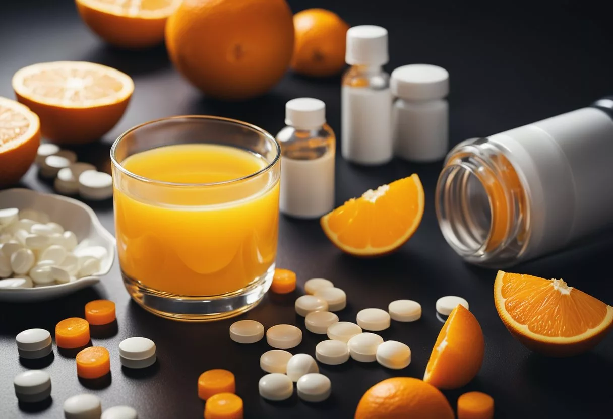 A pile of oranges and vitamin C supplements, with an overflowing glass of orange juice. A person looking unwell, surrounded by empty pill bottles