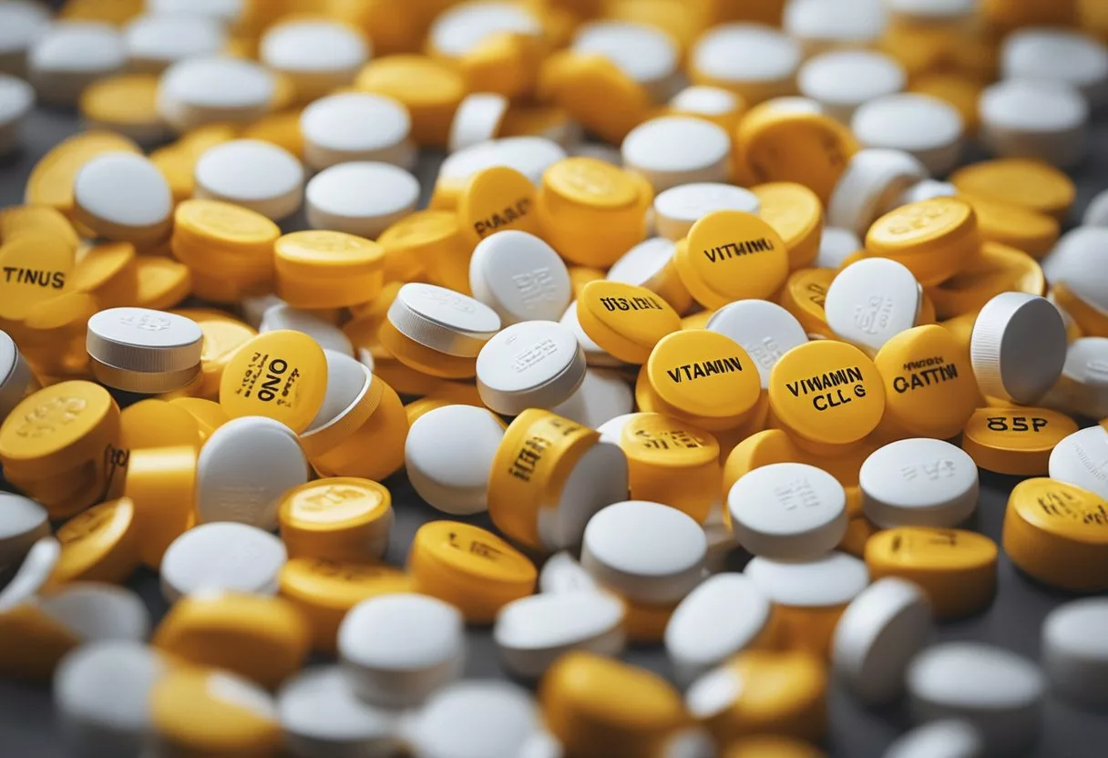 A pile of vitamin C pills surrounded by warning signs and caution tape